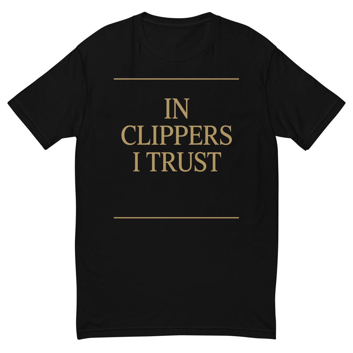 In Clippers I Trust Barber Tee, Black men's fitted t-shirt, front view