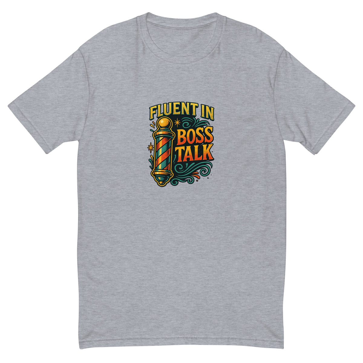 Fluent in Boss Talk Tee, Heather Grey men's fitted t-shirt, front view