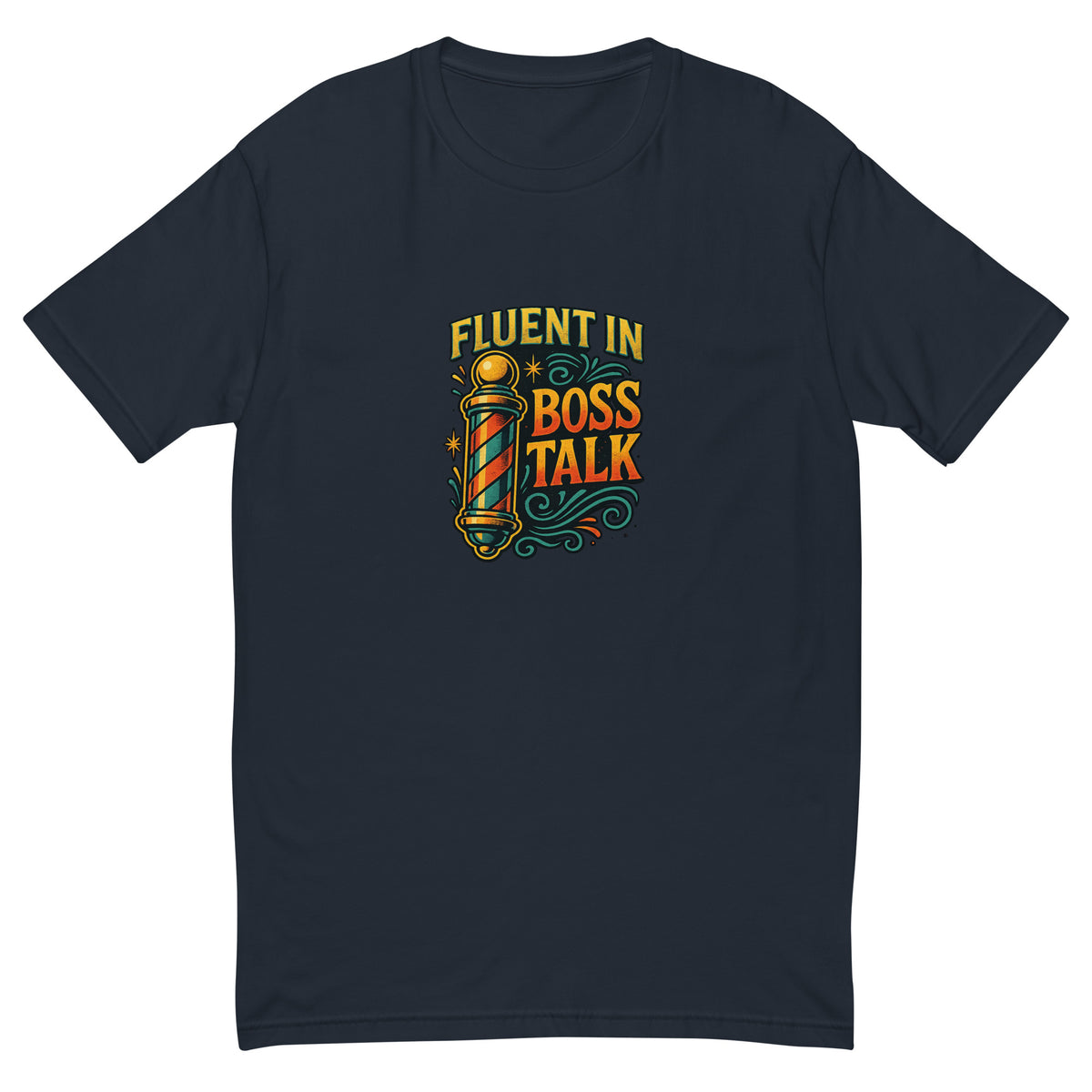 Fluent in Boss Talk Tee, Midnight Navy men's fitted t-shirt, front view
