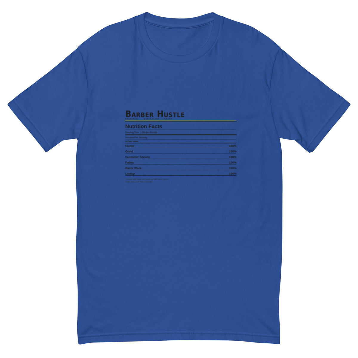 Barber Hustle Nutrition Facts Tee, Royal Blue men's fitted t-shirt, front view