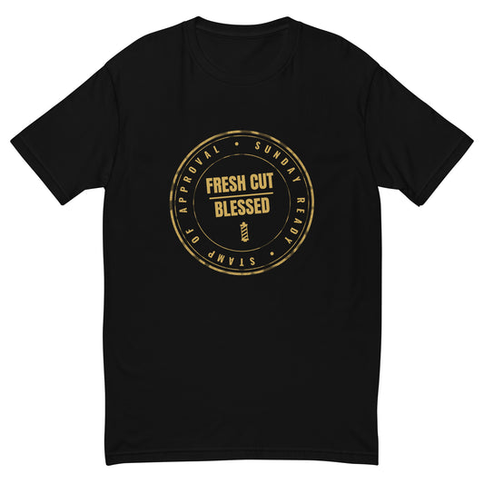 Fresh Cut. Blessed. Stamp of Approval Tee, Black men's fitted t-shirt, front view