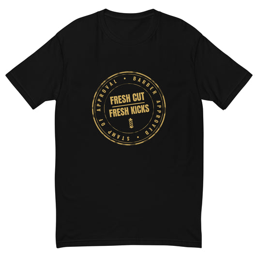 Fresh Cut. Fresh Kicks. Barber Approved Tee, Black men's fitted t-shirt, front view